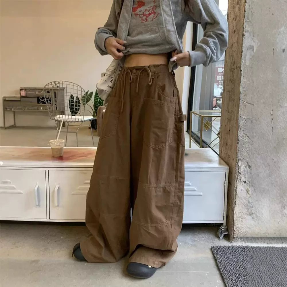 美式复古休闲工装牛仔裤女春秋款辣妹高街设计感宽松直筒阔腿裤子