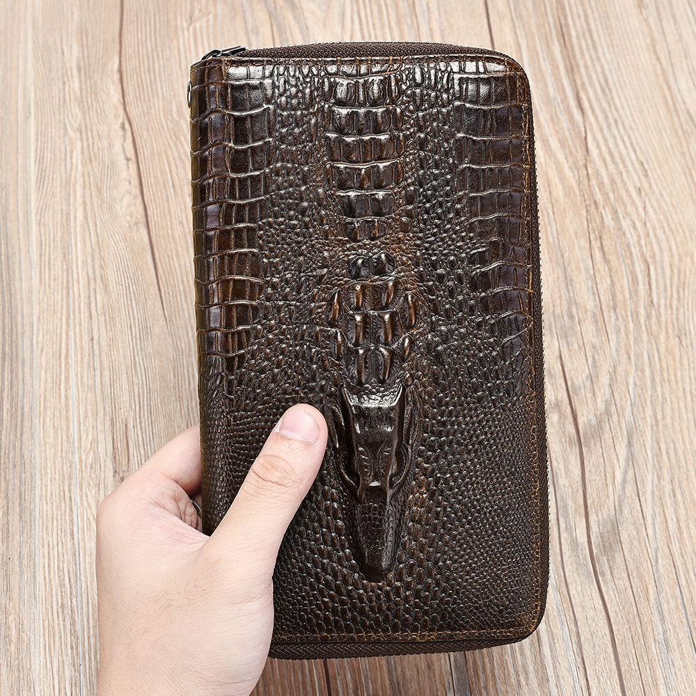 Túi clutch nam da bò dập vân cá sấu cao cấp, khóa kéo đôi, dáng dài đựng điện thoại — Cà phê, màu đen