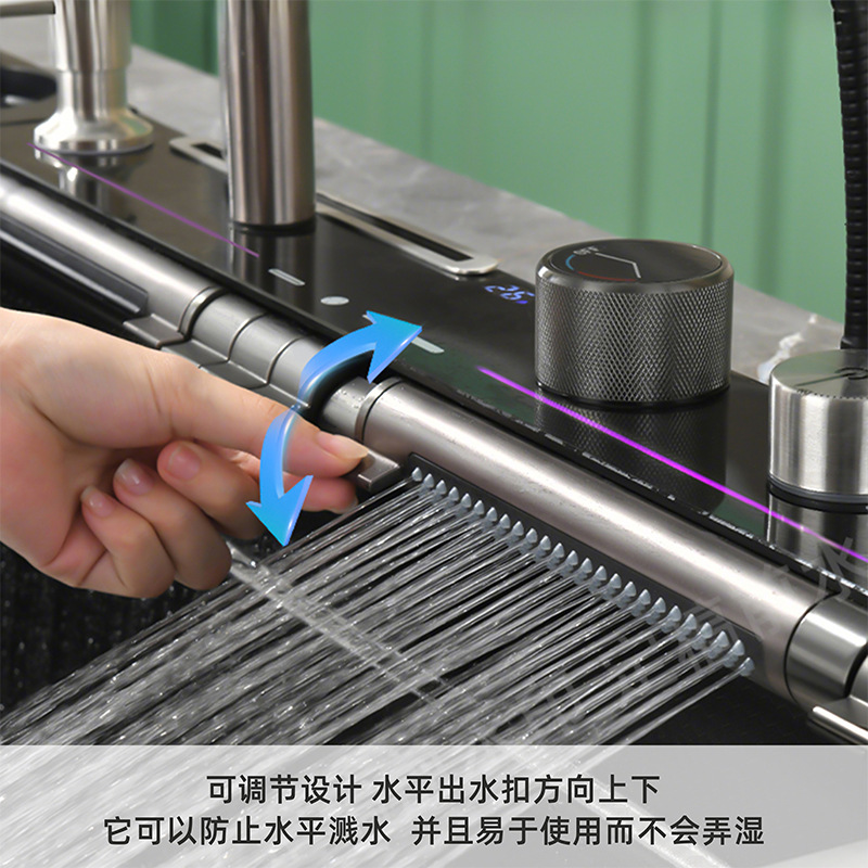 Fregadero de cocina inteligente multifuncional grande de un solo cubo con soporte para teléfono, modelo nuevo 2025, diseño de gota de lluvia Azul Ballena.