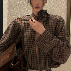 Roventeフィルム定格デザイン感格子シャツ女性レトロカジュアル長袖リボンカレーシャツコート