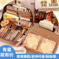 跨境爆款咖色12层卡皮巴拉笔袋大容量卡通小学生铅笔袋帆布可代发