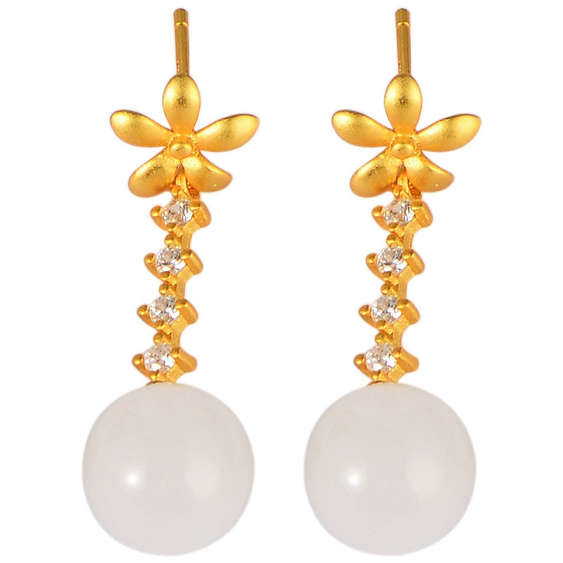 Retro earrings white jade, 925 sample silver