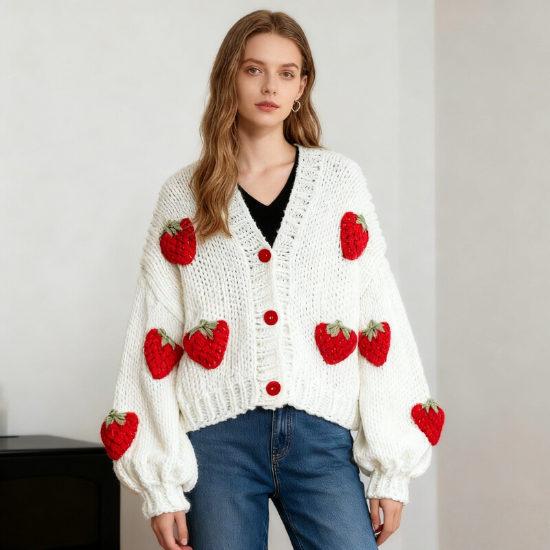 European and American Lantern Sleeve Knitted Sweater Jacket Women's Cardigan 2025 Autumn and Winter Loose Design Cute Strawberry Top