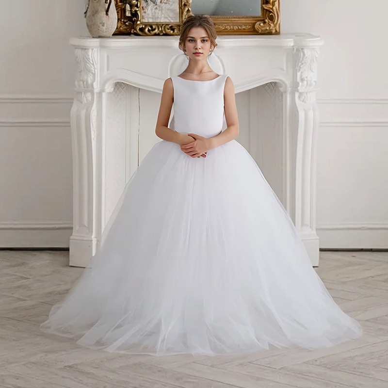 Teenager White Long Dress Puffy Yarn Dress Big Children's Birthday Performance Party Evening Dress Cross Border Girls' Dress