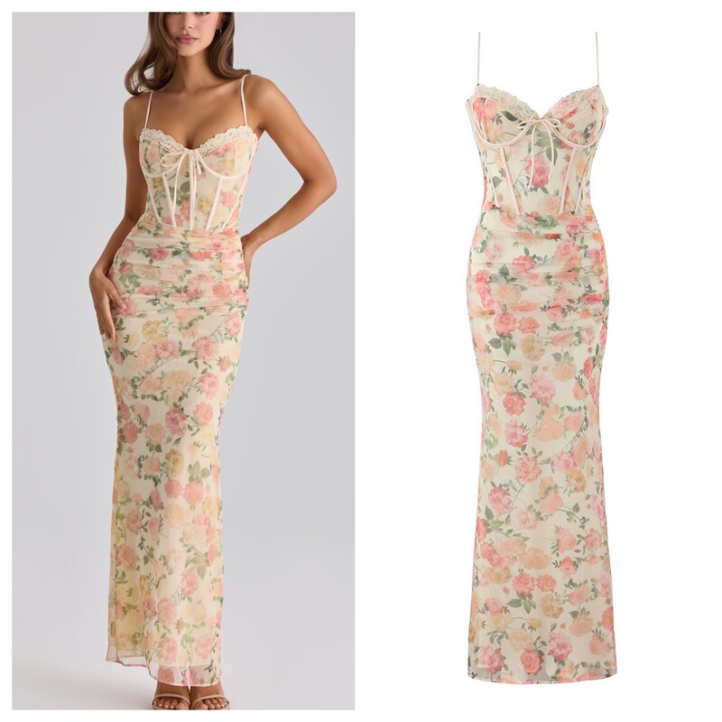 European and American Socialite Banquet Dress, Floral Suspender Dress, Exquisite and Charming Peach-Colored Corseted Waist Super Long Dress European and American Socialite Banquet Dress, Floral Suspender Dress, Exquisite and Charming Peach-Colored Corseted Waist Super Long Dress