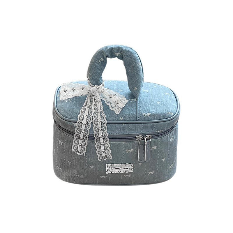 Nueva bolsa de cosméticos portátil de encaje de mezclilla linda, bolsa de lavado de viaje de almacenamiento de cosméticos de gran capacidad portátil