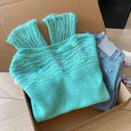 慵懒风绿色镂空亮片马海毛毛衣女秋新款设计感气质温柔软糯针织衫