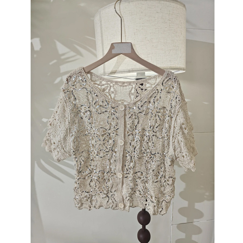French-Style Heavy Crochet Sequin Retro V-Neck Lace Embroidery Hollow Design Short Knitted Cardigan Top for Women