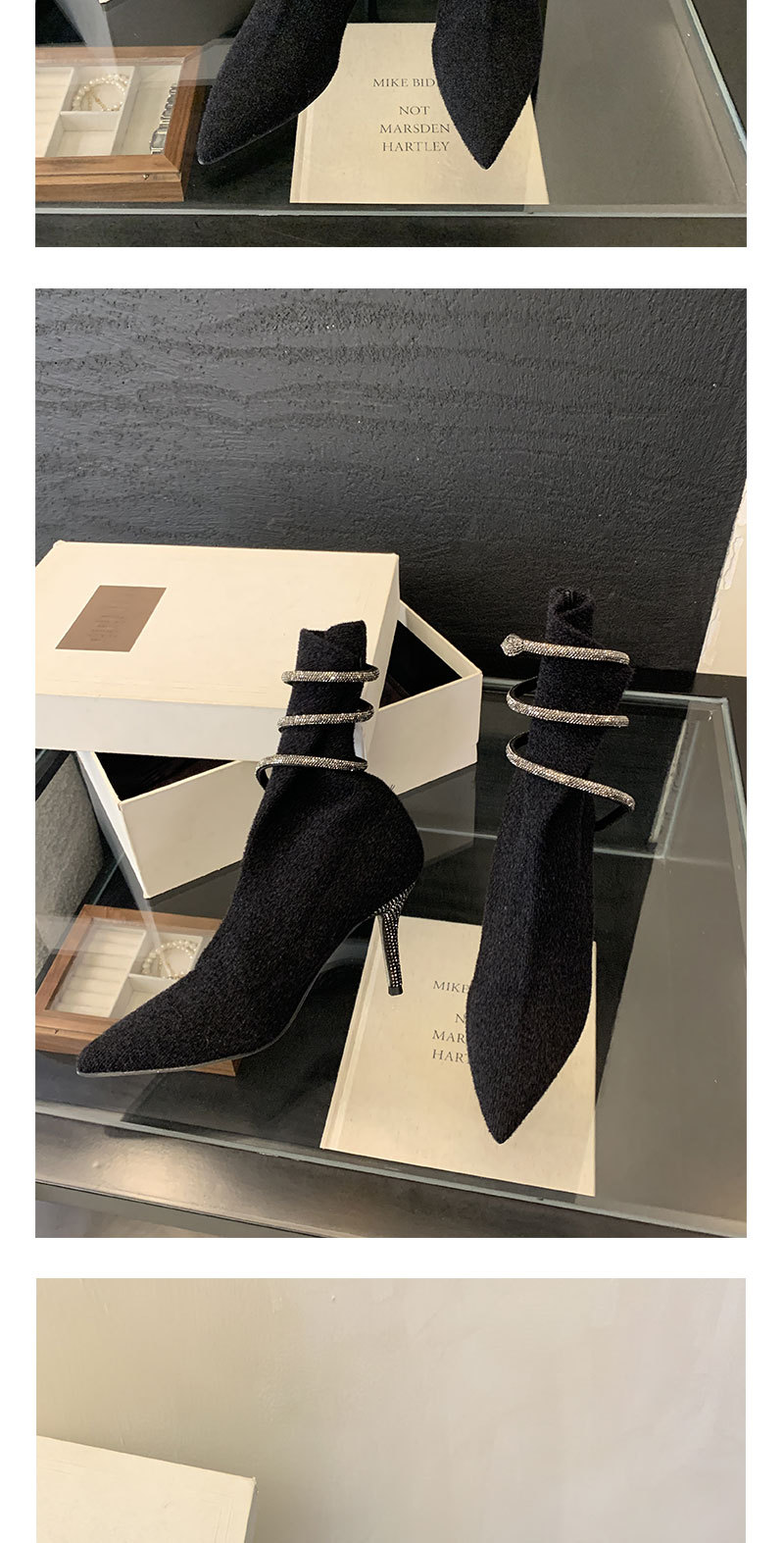 2025 Autumn/Winter New Pointed-toe Rhinestone Short Black High-heeled Elastic Knitted Slim-fit Sock Boots, Designed Exclusively For Women._voghion.com
