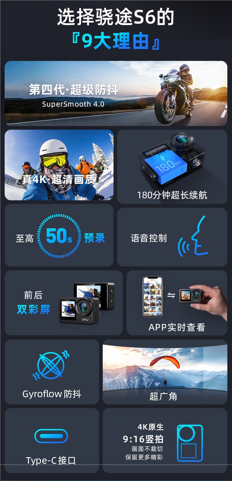 Xiaotu S6 Anti-Shake 4K Action Camera for Cycling and Electric Motorcycles, Dashcam Without Memory Card, Contact Customer Service