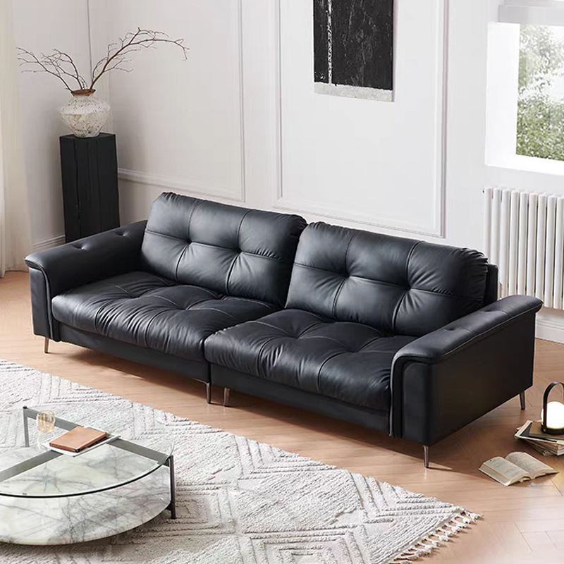 Medieval Style Nebula Sofa, Genuine Leather Straight Row High-Legged Retro High-End Black Leather Sofa, Italian Light Luxury and Normcore
