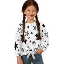 跨境新品支持印花儿童系带长袖t恤可爱涂鸦女童秋冬打底上衣衬衫