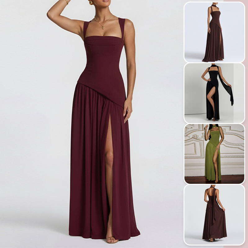 2026 Summer New Style Cross-Border European and American Foreign Trade Women's Clothing Elegant Sexy Backless Pleated Slit Strap Dress