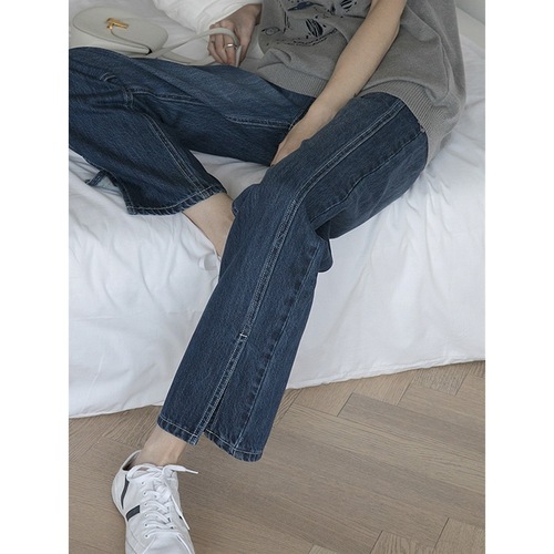  Plus Size High Waist Straight Fit Wide Leg Slit Jeans