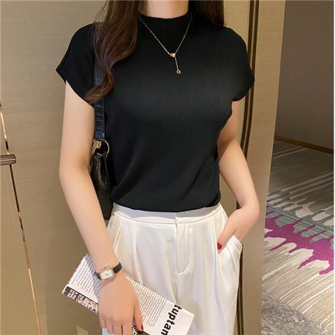2022 Spring and Autumn New Half High Collar Base Shirt Women's Short-sleeved Knitted Shirt Inner Thin Sweater Vest Summer Top