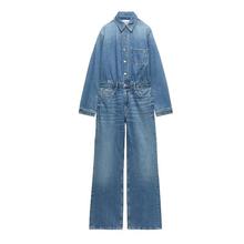 PB&ZA春季新款女装翻领连衣裤时尚休闲直筒牛仔连体长裤5252081