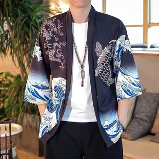 Men's and Women's Cross-border Japanese Ukiyo-e Dao Robe Wave Carp Print Kimono Loose Half-sleeve Hawaiian Style Shirt