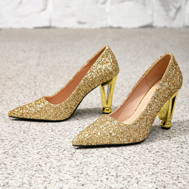 Women's Gold Glitter Pointed-Toe High Heels—3D Metallic Heel Evening Shoes, Suitable for Graduation Balls,
