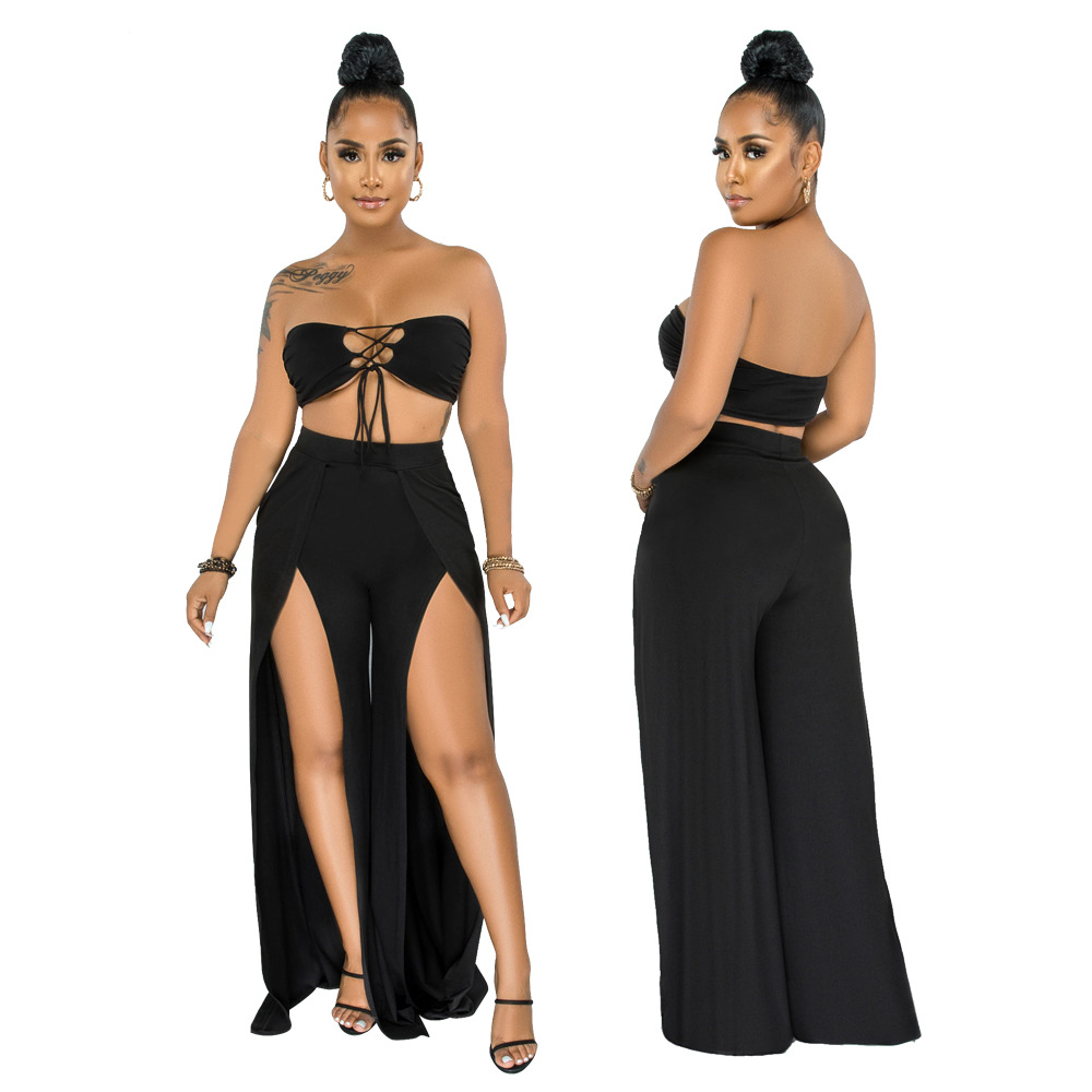 Sexy Tube Top Strap Top With Split Wide Leg Trousers Set NSCYF68187