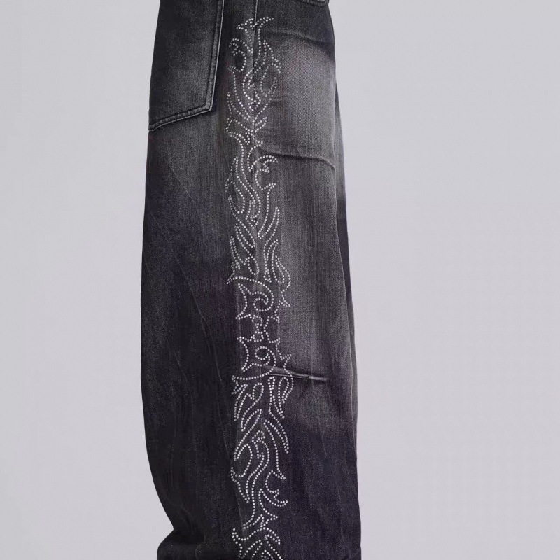 Jaded London 24Aw Millennial Hot Girl Y2K Side Flame Hot Diamond Washed Low Waist Wide Leg Jeans