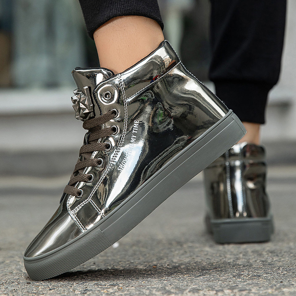 Giày sneaker nam cổ cao da bóng phong cách Hàn Quốc, giày thể thao thời trang cá tính — Bạc, màu xanh, màu đen, màu đỏ chi tiết 17