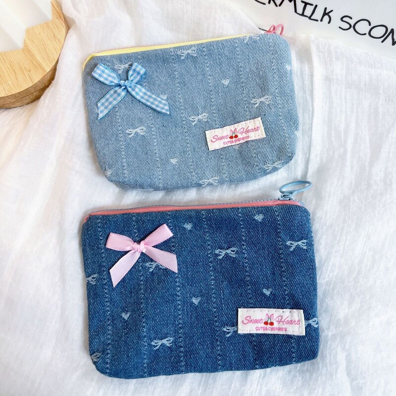 Cute Bowknot Original Portable New Style Denim Storage Coin Purse for Girls, Small Skincare and Makeup Bag