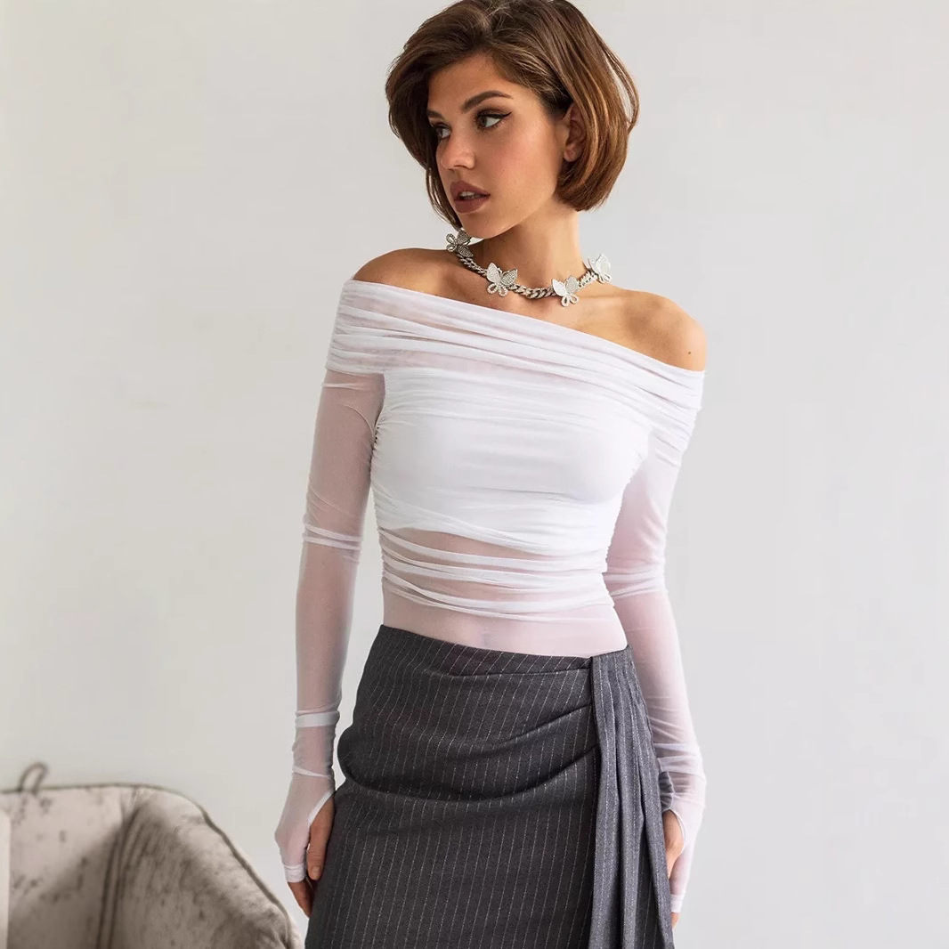 Comercio exterior al por mayor Amazon ropa de mujer europea y americana otoño e invierno nuevos productos con cuello de una línea sexy transparente malla costura camiseta de manga larga image 4