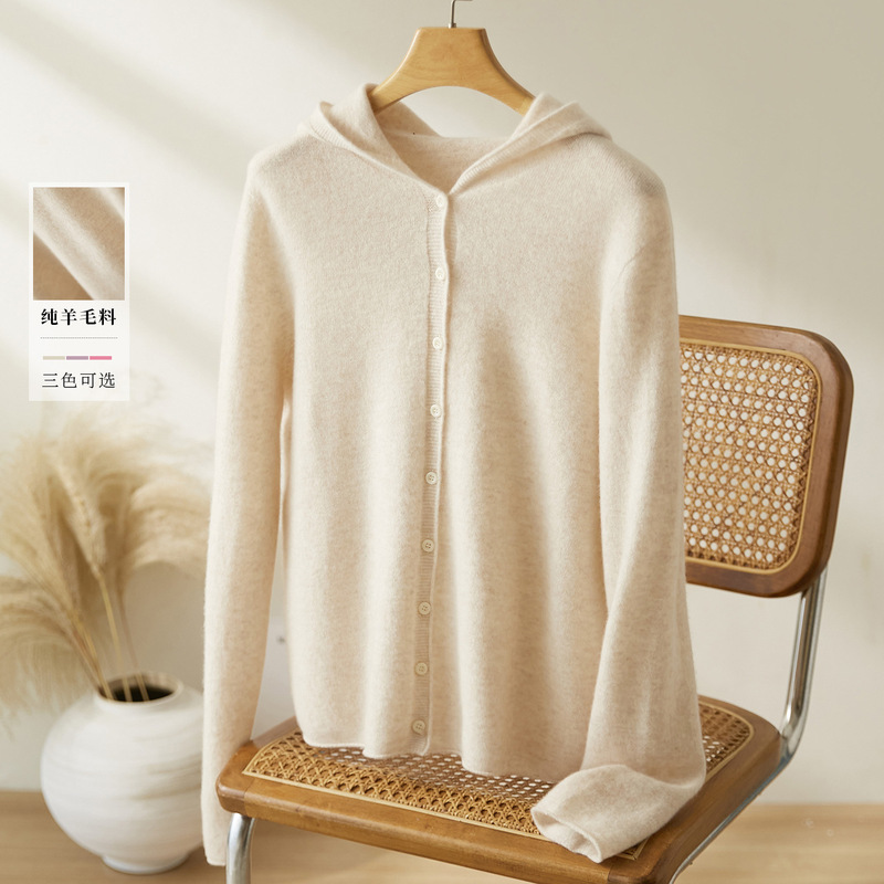 Cotton Cocoon Oatmeal-Colored Wool Sweater for Women, Long-Sleeved 2026 Spring New Style Hooded Knit Top, Base Sweater