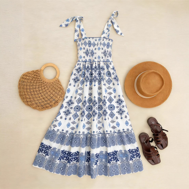 Real Shot Bohemian Sling Strapless dress Printed Waist Casual Vacation Long Dress Pregnant Women's Loose dress