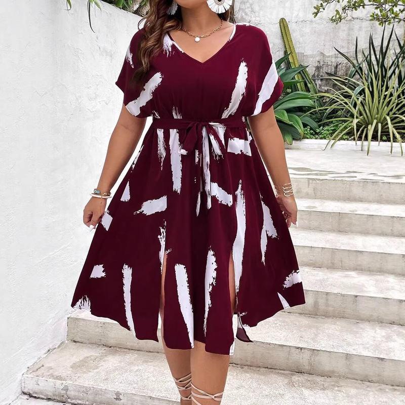 Plus-Size Cross-Border Printed Batwing Sleeve Dress with Thigh Slit and Tie, Burgundy Printed Long Dress for Women Plus-Size Cross-Border Printed Batwing Sleeve Dress with Thigh Slit and Tie, Burgundy Printed Long Dress for Women