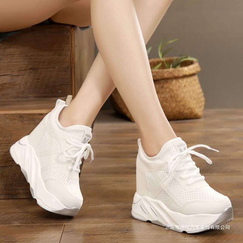 Wd Hollow Breathable 12cm Height-Increasing Women's Lace-Up Wedge Korean Versatile White Thick-Soled Sneakers Trendy