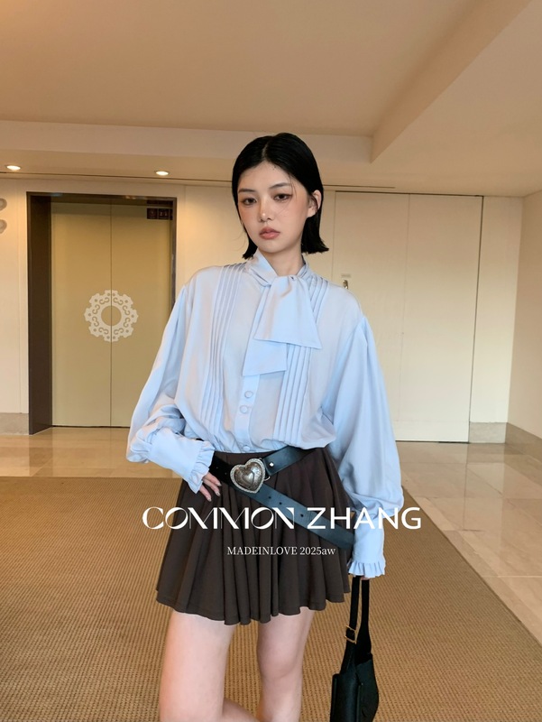 CZ ZHANG秋季法式气质文艺纯色花边拼接条纹围巾领天丝衬衫B33271|undefined