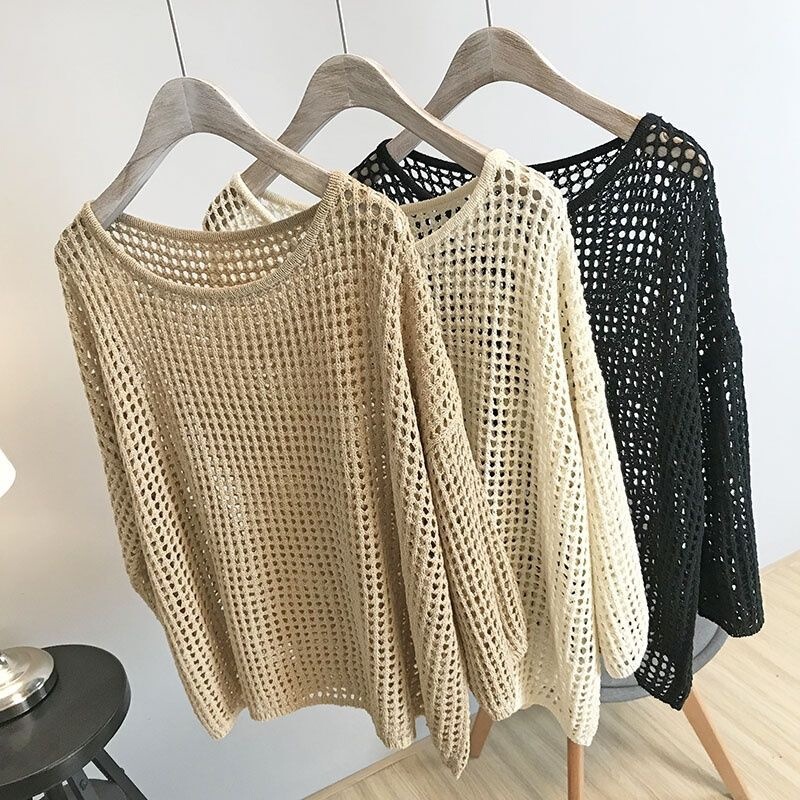 New Early Spring and Early Autumn Loose Mesh Hollow-Out Knit Sweater Jacket with Three-Quarter Sleeves for Women