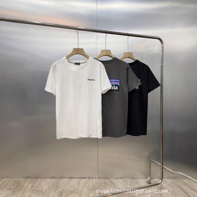 Cross-Border Wholesale Patagonia T-Shirt with Classic Letter Print on the Back and Edge Trim, Round Neck, Short Sleeves
