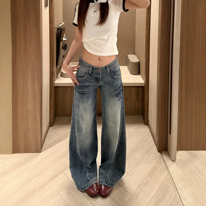 American retro low-waist wide-leg jeans for women, 2026 summer new style, loose fit for petite hot girls, slightly flared pants American retro low-waist wide-leg jeans for women, 2026 summer new style, loose fit for petite hot girls, slightly flared pants