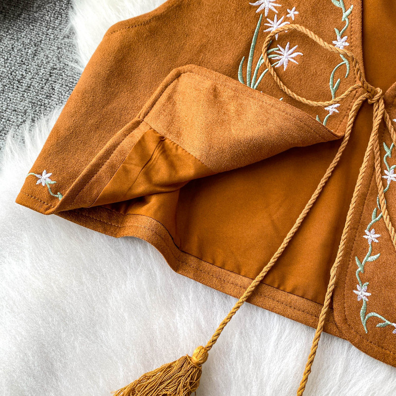 エスニックスタイルレトロ鹿革刺繍Vネックレースアップベストレディース夏ルーズスリムショートノースリーブトップ|undefined
