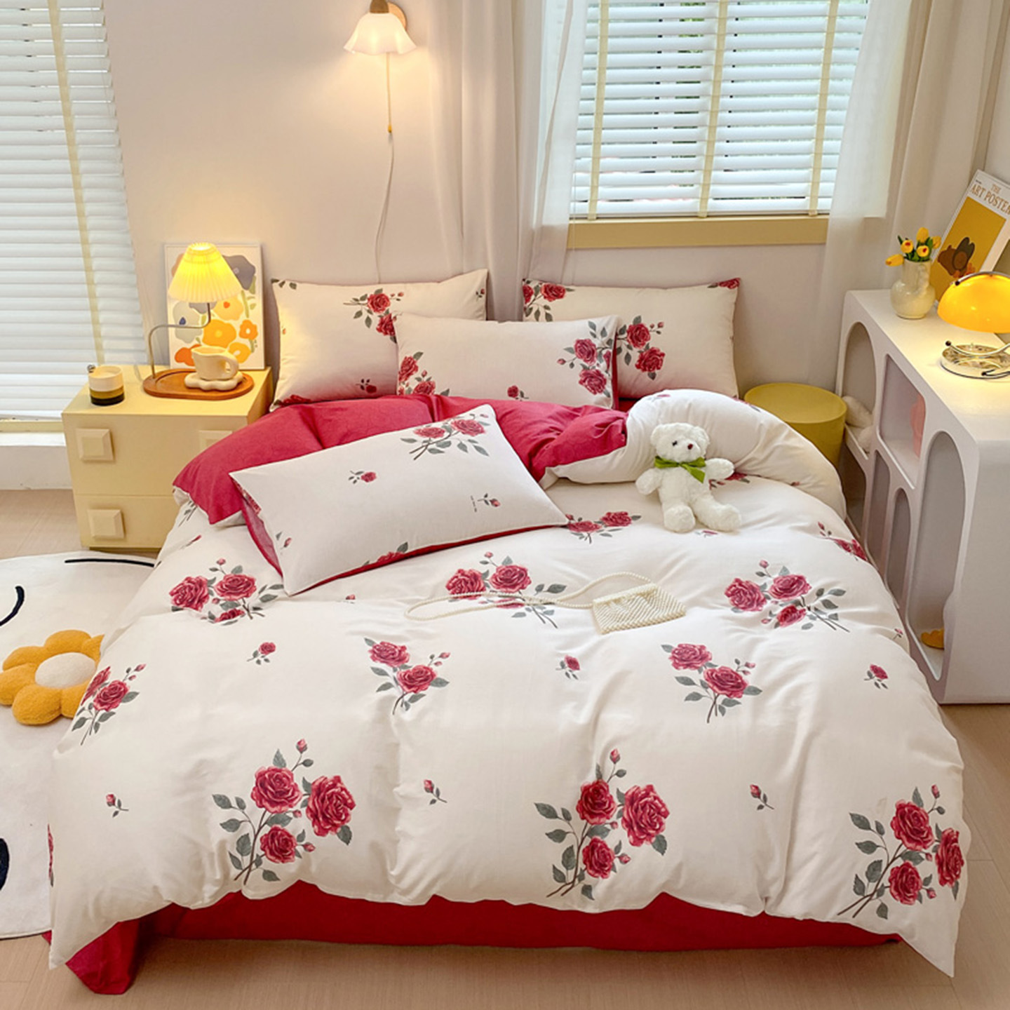 Algodón de cuatro piezas de ropa de cama de algodón 2025, nuevo edredón de flores frescas, sábanas de dormitorio de tres piezas de cuatro estaciones