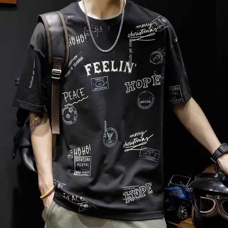 Camiseta de manga corta de verano impresa para hombres nueva marca de moda suelta ins camiseta de media manga retro de verano estudiantes coreanos
