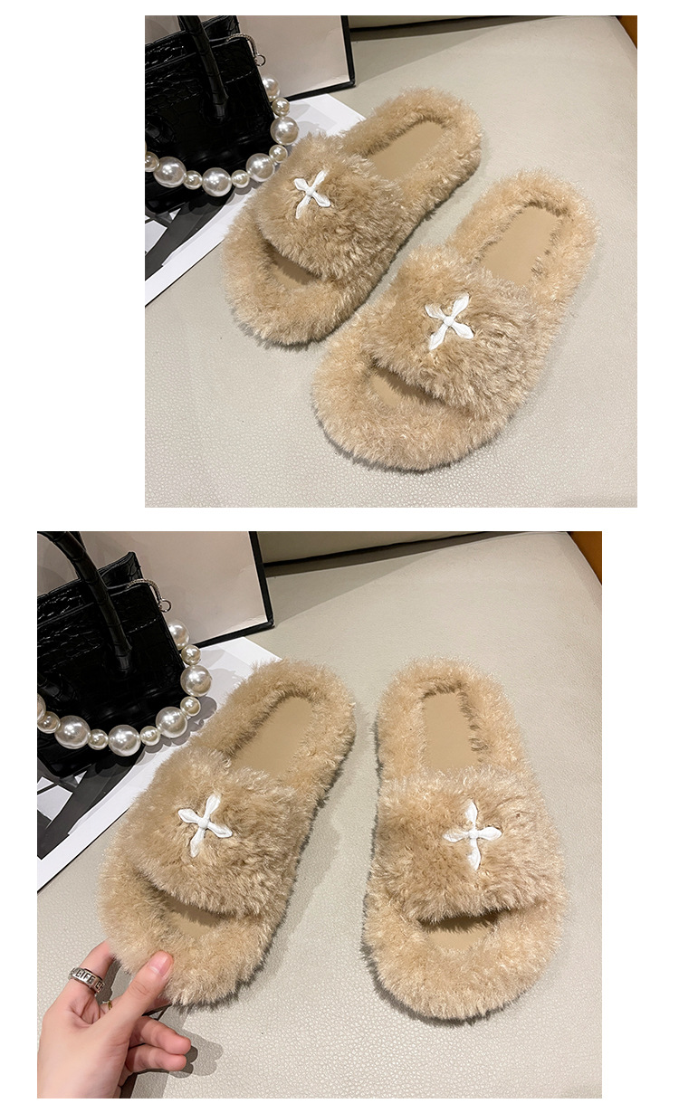Plush Slippers For Women Comfortable Wool Flat Slip-ons Black_voghion.com