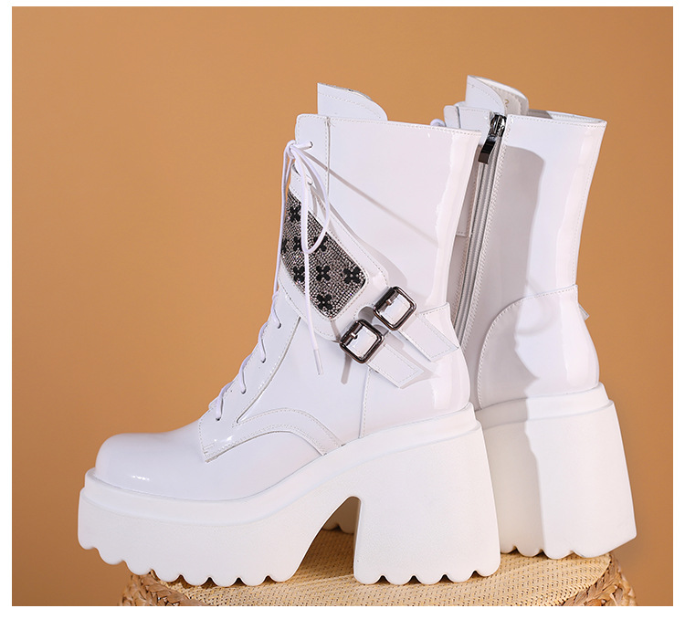 Boot nữ cổ ngắn phong cách Anh quốc, gót vuông 10cm, đế platform, khóa kéo bên hông — Lót nhung đen chi tiết 13