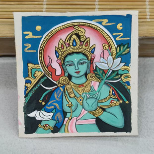 Hand-Painted Thangka of Green Tara from Reincarnation, Yellow God of Wealth, Manjushri, Four-Armed Avalokiteshvara, Xizang Thangka Pendant