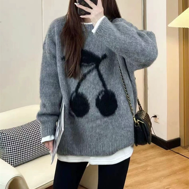 Свитер женский свободного кроя с круглым вырезом и вишневым узором, осень-зима 2025, новый мягкий вязаный пуловер, модный