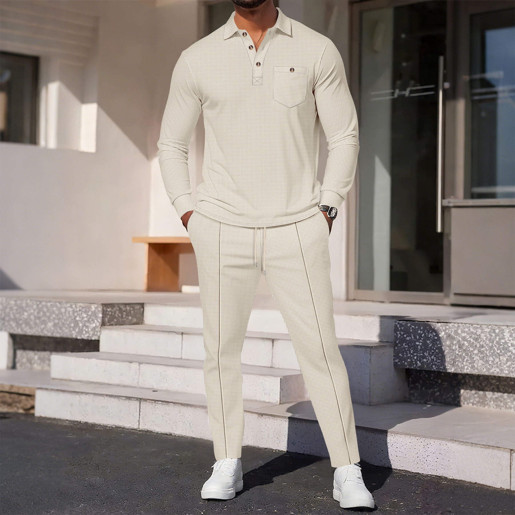 Plus Size Men's Long Shirt And Trousers Suit Solid Color Waffle Knit Casual Lapel Trendy_voghion.com