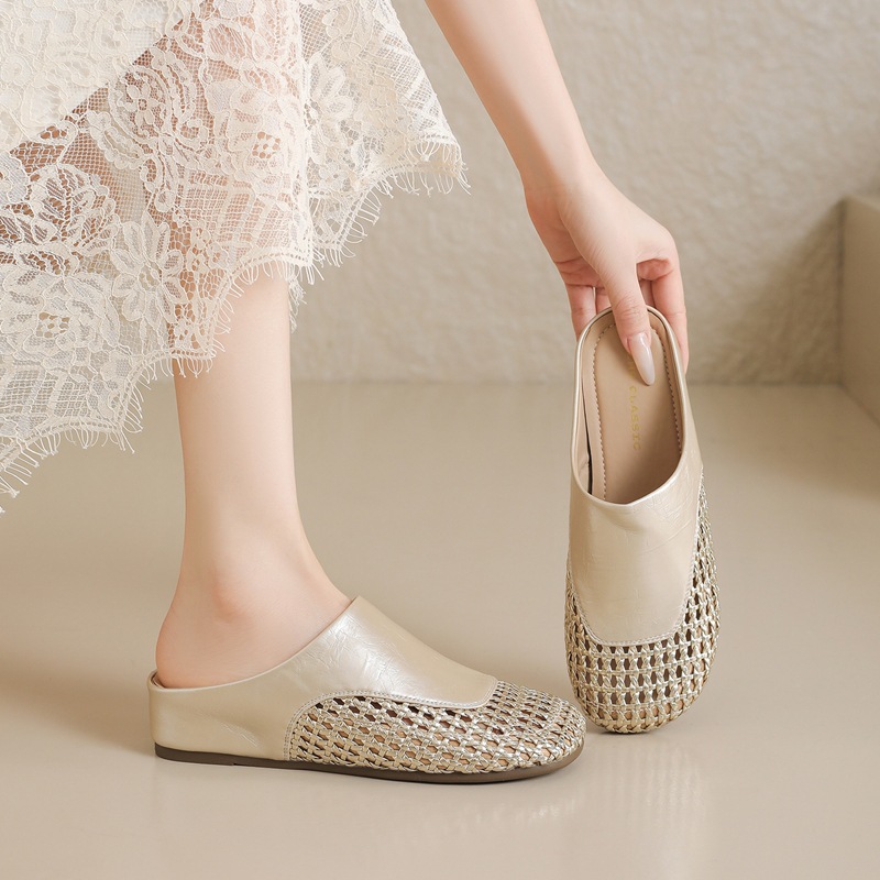 Dép mule nữ quai đan kiểu Brecken, đế bệt dáng lười — K390 Vàng