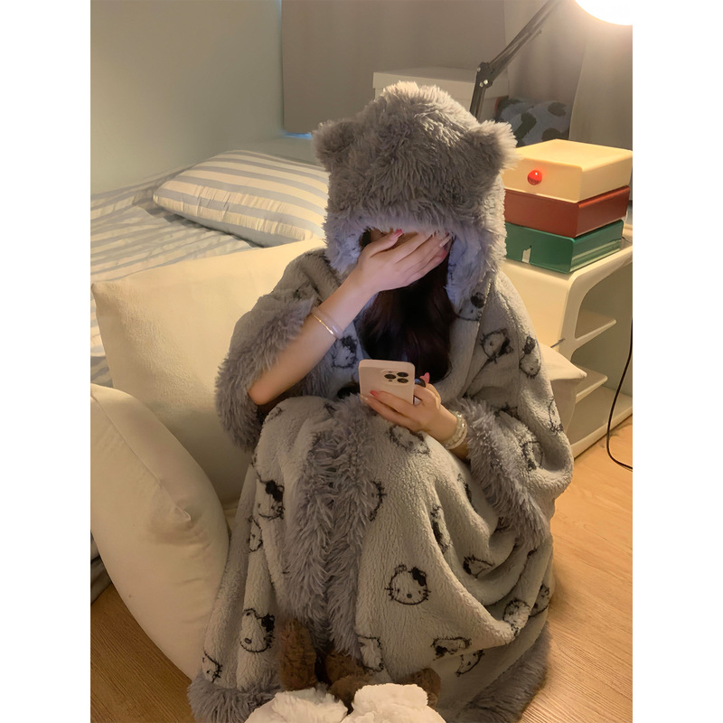 kitty猫珊瑚绒睡衣女秋冬季新款加厚保暖连帽斗篷睡裙家居服套装|undefined