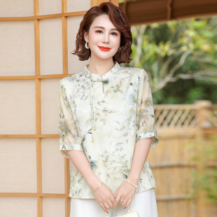 Mom's Summer Chinese Style Tops 2025 New Style Short-Sleeved Shirts for Middle-Aged and Elderly Women Summer Shirts T-Shirts