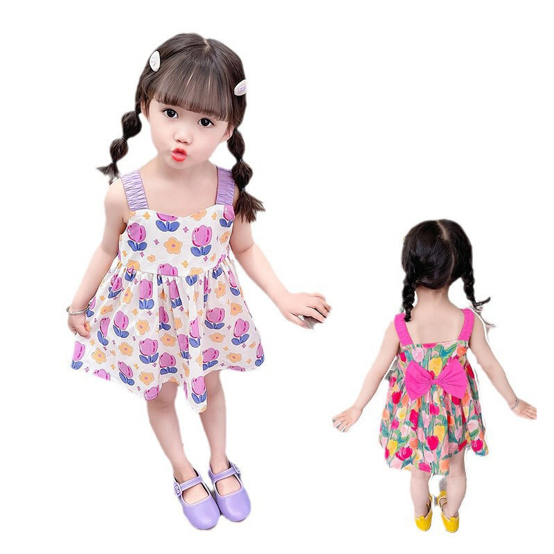 子供の花柄ドレス女の子の新しいスタイルのホリデードレスベビーサスペンダースカート夏のAラインふわふわプリンセスドレス|undefined