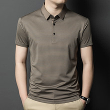 2025新款男士商务休闲条纹冰丝透气吸汗翻领男式POLO衫款式百搭上