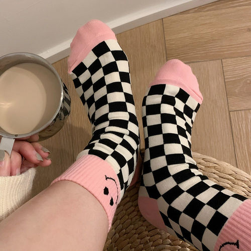 Smiley Face Grid Socks for Girls Mid-Calf Socks Korean Dongdaemun Checkerboard Socks Cartoon Smiley Color-Matched Socks Trendy Match