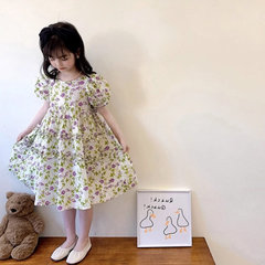 Girls' Dress with Floral Design, Round Neckline, Short Sleeves – Princess Style, 24 Summer Collection, New Arrival, Made-to-Order for Export Kids' Clothing, Suitable for Ages 3–8